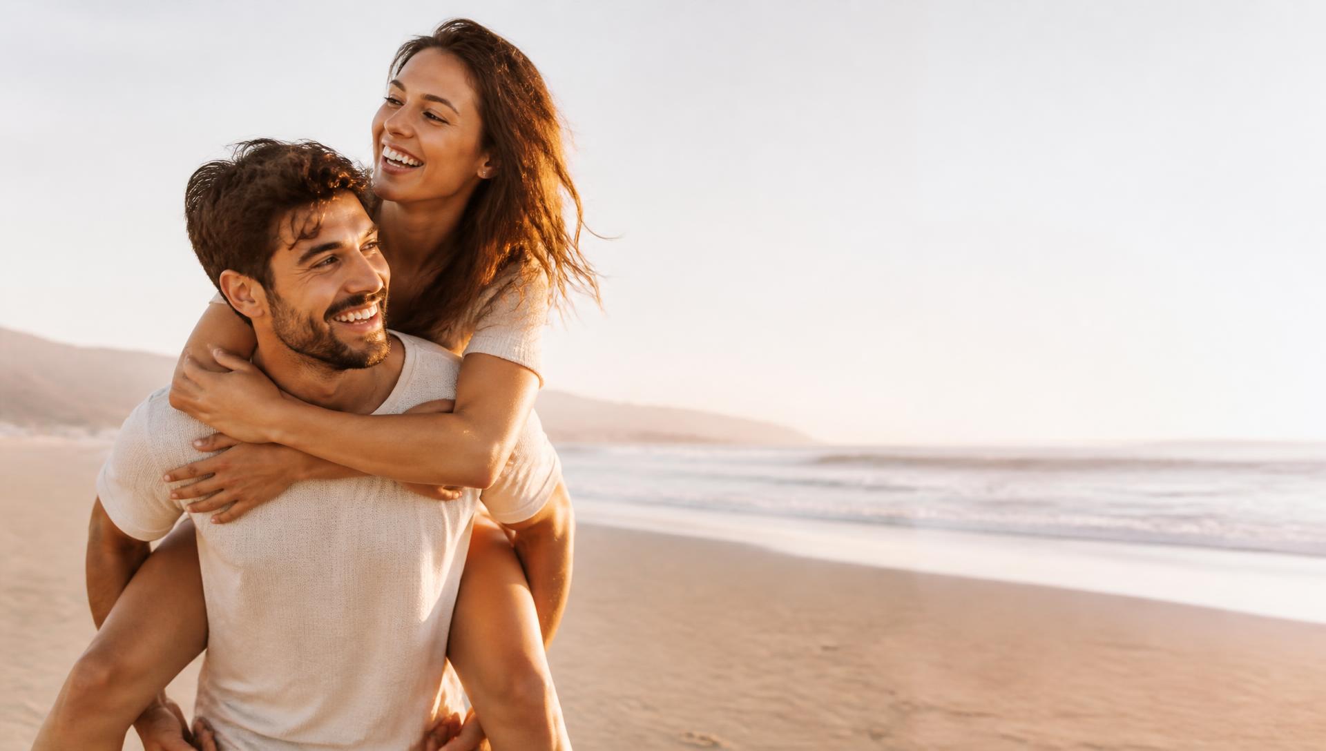 A couple laughing together on a beach at sunset